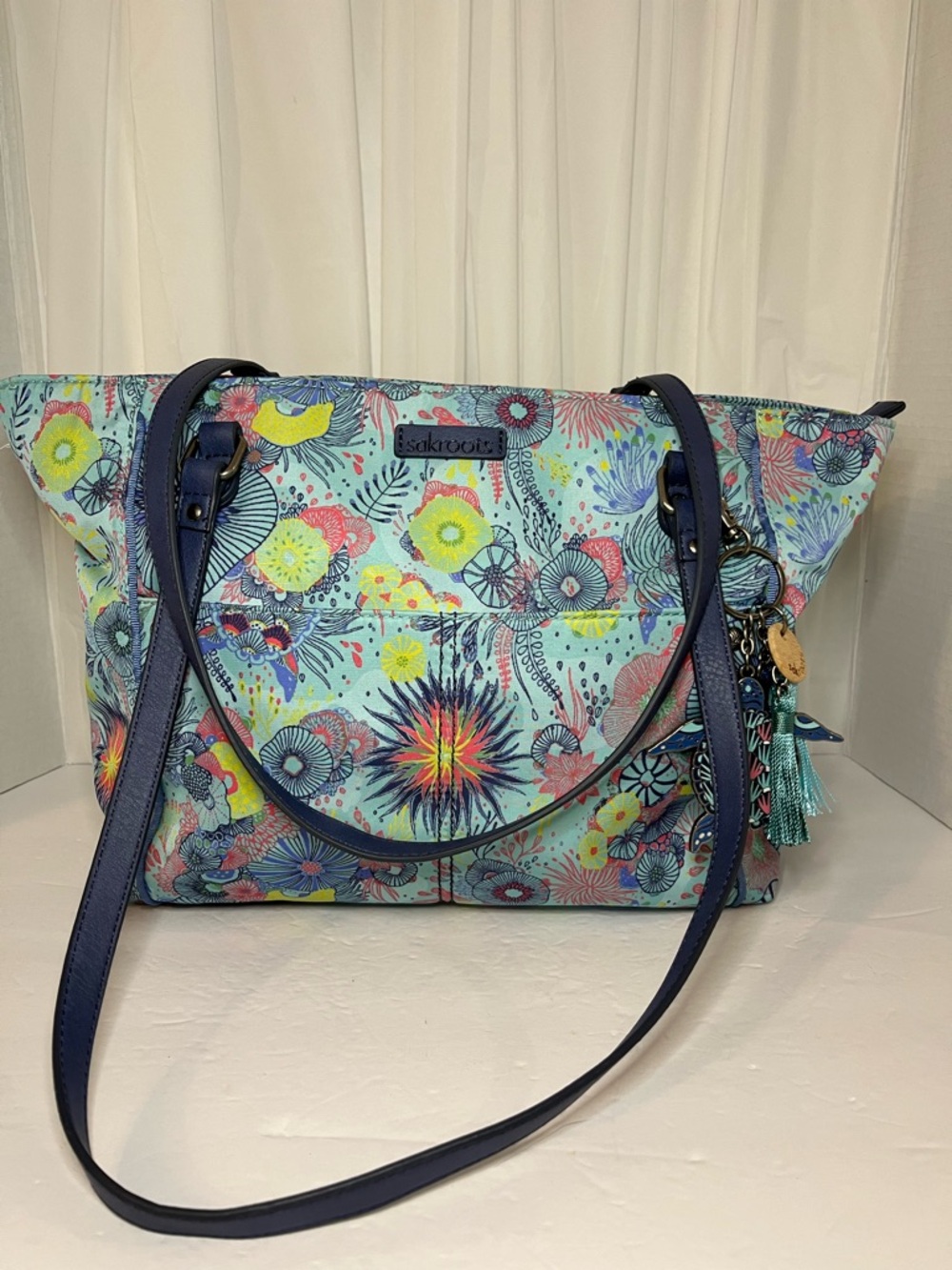 Sakroots Teal Multi Sea Themed Floral Shoulder Bag with Navy Straps